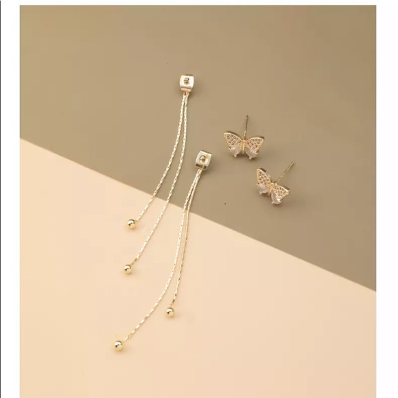 Butterfly cubic zirconia stud/dangle gold earrings - Picture 7 of 7